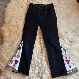 Reworked Upcycled black Lee jeans hand painted bell bottoms roses rainbows 6